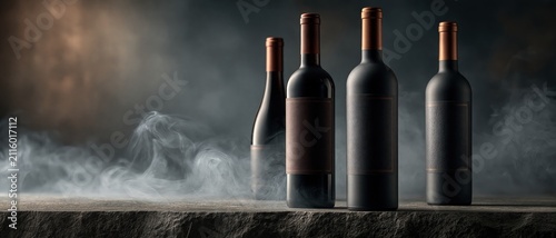 Moody, dramatic product shot of four dark matte wine bottles with copper caps on a stone ledge, swirling smoke adding mystery. Perfect for premium wine branding, label mockups, and upscale.