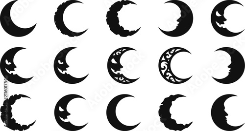 Halloween crescent moon and scary face night silhouettes collection vector set