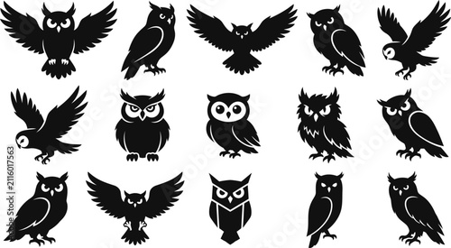 Minimalist black Halloween spooky owl and nocturnal wild birds silhouettes collection vector set