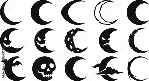 Set of black crescent moon icons for Halloween and night sky design