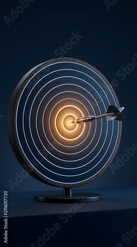 Arrow hitting the center of a blue target represents precise business goals strategic focus market targeting and measurable success.