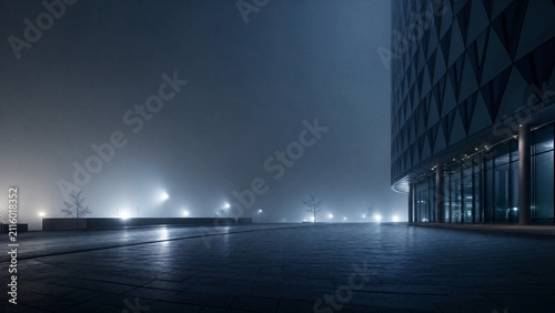 Modern architectural glass office building exterior at night with foggy atmosphere and glowing street lights on a paved plaza, representing corporate mystery, urban solitude, and futuristic