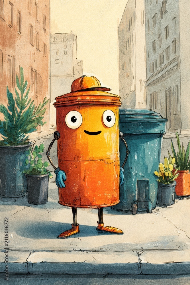 Obraz premium Whimsical cartoon trash can with arms and cap in a friendly street setting