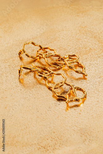 gold jewelry bijouterie  earrings on the gold tray in the white room