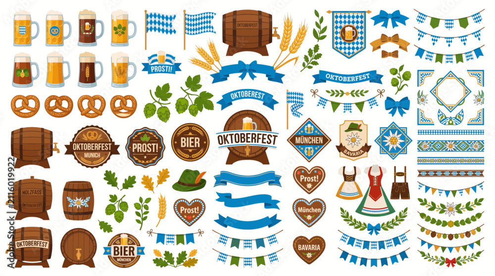 Fototapeta premium A vibrant Oktoberfest celebration icon collection featuring traditional Bavarian festival elements, beer mugs, pretzels, and decorative banners