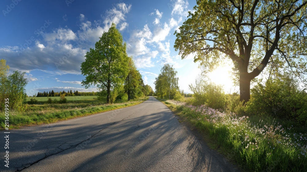 Fototapeta premium Wide spring road scene: fresh leaves, blossoms, and bright daylight