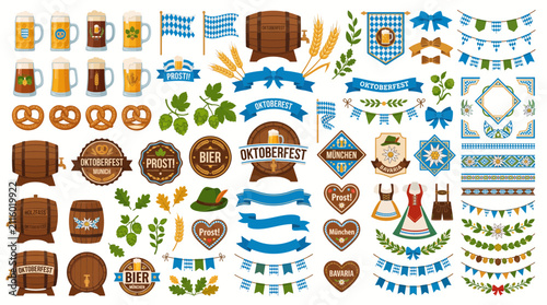 A vibrant Oktoberfest celebration icon collection featuring traditional Bavarian festival elements, beer mugs, pretzels, and decorative banners