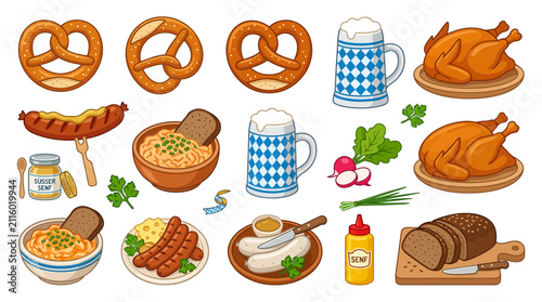Oktoberfest promotional elements featuring traditional German food, drinks and decorations