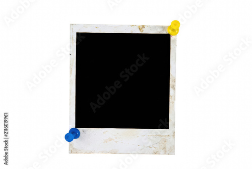 Canvas Print Vintage Stained Instant Photo Frame with Yellow and Blue Thumbtacks