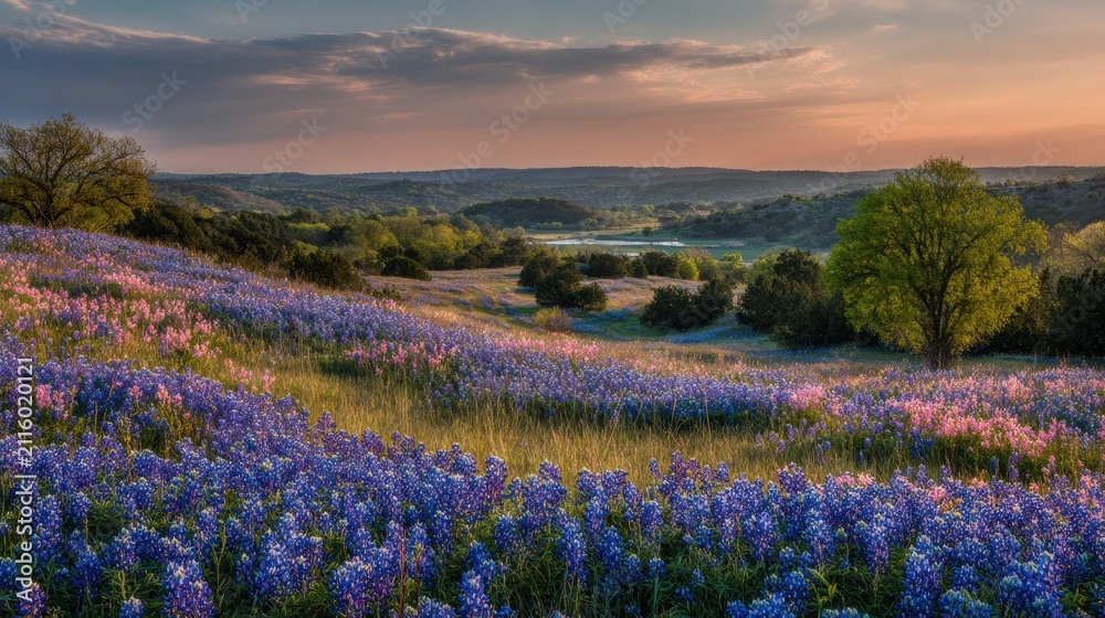 Fototapeta premium Wildflower landscape of bluebonnets under a warm, painterly Texas sky