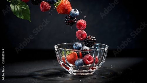 Falling berries and water droplets in crystal bowl – Ideal for berry harvest, nutrition campaigns, or beverage design.