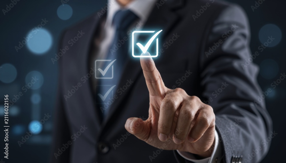Obraz premium Business Professional Touching Virtual Checkbox Interface