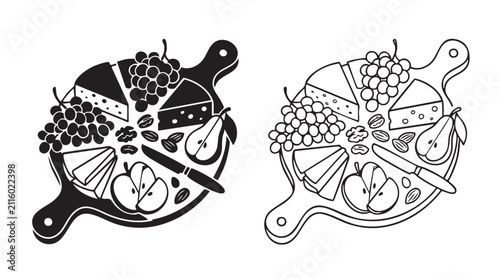 Obraz na płótnie cheese platter with fruits and nuts in black silhouette and outline art vector i