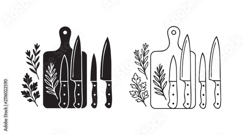 Cuadro en lienzo chef knives set with black silhouette and outline art vector icon