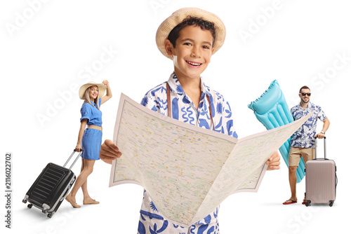 Cuadro en lienzo Boy holding a tourist guide map and traveling with his parents
