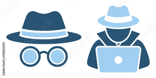Detective and spy icon set with hat glasses and laptop on transparent background