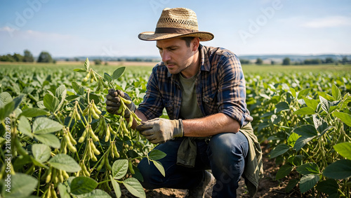 Farmer Inspecting Soybean Field: A focused farmer wearing a straw hat and plaid shirt kneels in a lush green soybean field, carefully examining the crop under a bright, sunny sky.