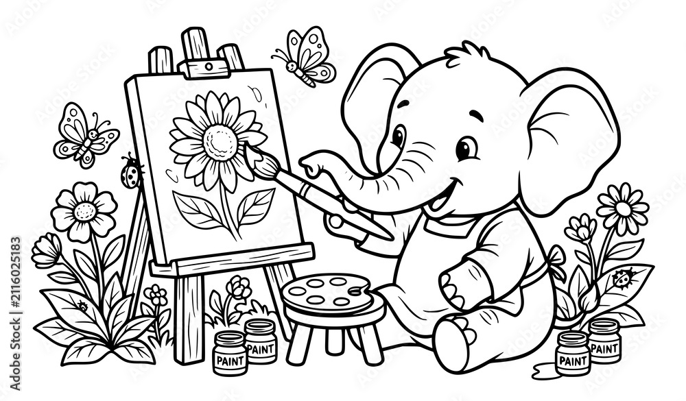 Fototapeta premium Baby Elephant Artist Painting Flower Outline Coloring Book Vector