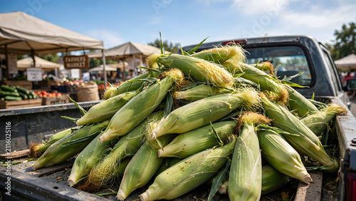 Fresh Corn Harvest: A truck bed overflowing with freshly picked corn, ready for sale at a bustling outdoor market.