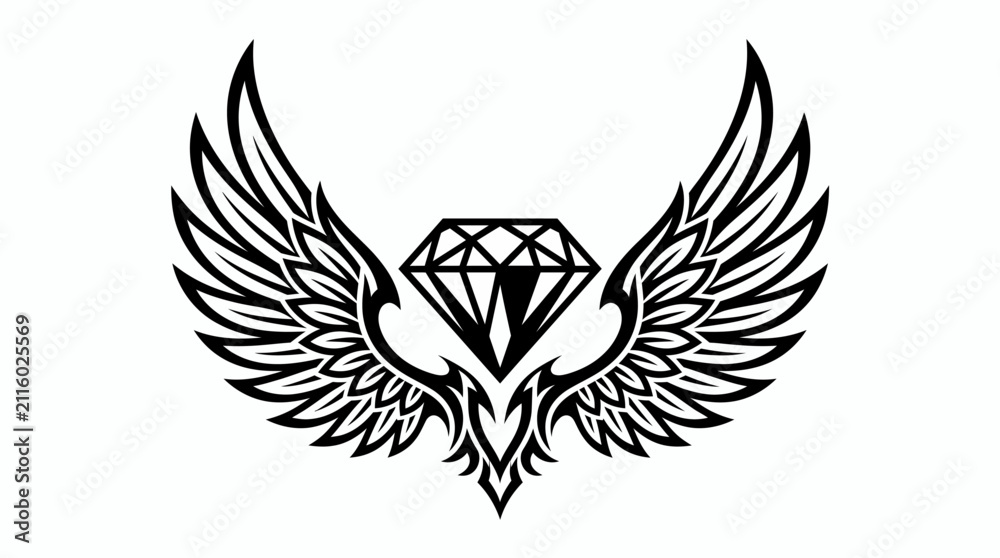 Fototapeta premium Elegant Vector Illustration of a Sparkling Diamond Centered Between Symmetrical Stylized Wings for Luxury Branding and Logo Design