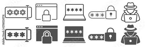 Cybersecurity and password protection icon set on transparent background