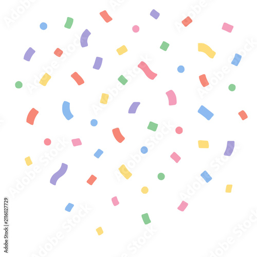 A vibrant and joyful flat vector illustration featuring colorful confetti pieces falling and scattering across a clean white background, perfect for celebratory designs.