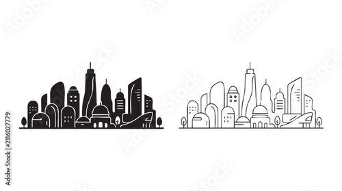 фотографія cityscape buildings black silhouette outline art vector icon black silhouette an