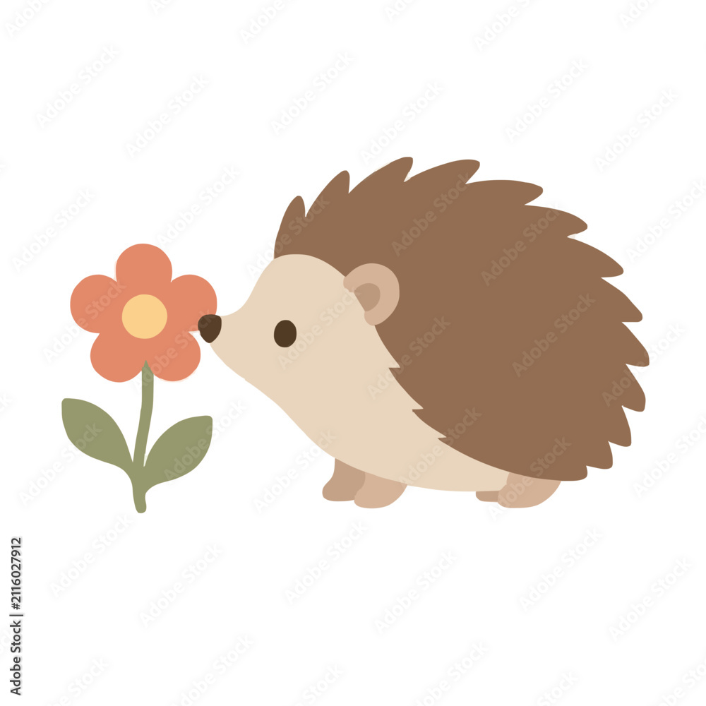 Fototapeta premium A charming and cute flat vector illustration featuring a little brown hedgehog gently sniffing a lovely orange flower with green leaves, rendered in a simple minimalist aesthetic.