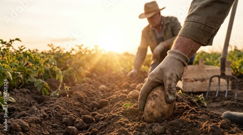 Senior male farmers harvesting organic potatoes in a regenerative agriculture field at sunset.