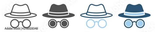 Foto Set of detective hat and glasses icons in black, white, and blue variations