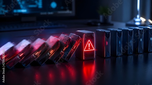 Cyber security concept of a glowing red warning block stopping a chain reaction of falling high-tech server dominoes