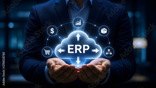 Businessman holding glowing blue cloud icon with ERP enterprise resource planning text and business management modules in dark office