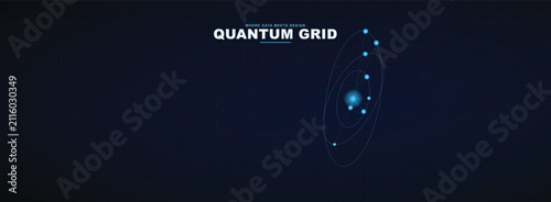 Fotografía Quantum grid digital background, with a glowing, blue orbital system, of spheres