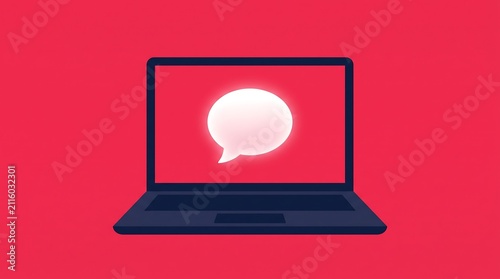 Glowing White Speech Bubble On Laptop Screen Red Background Flat Vector