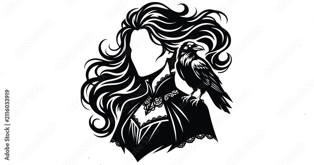 Fototapeta premium Black and white gothic portrait of a faceless woman with raven on shoulder.