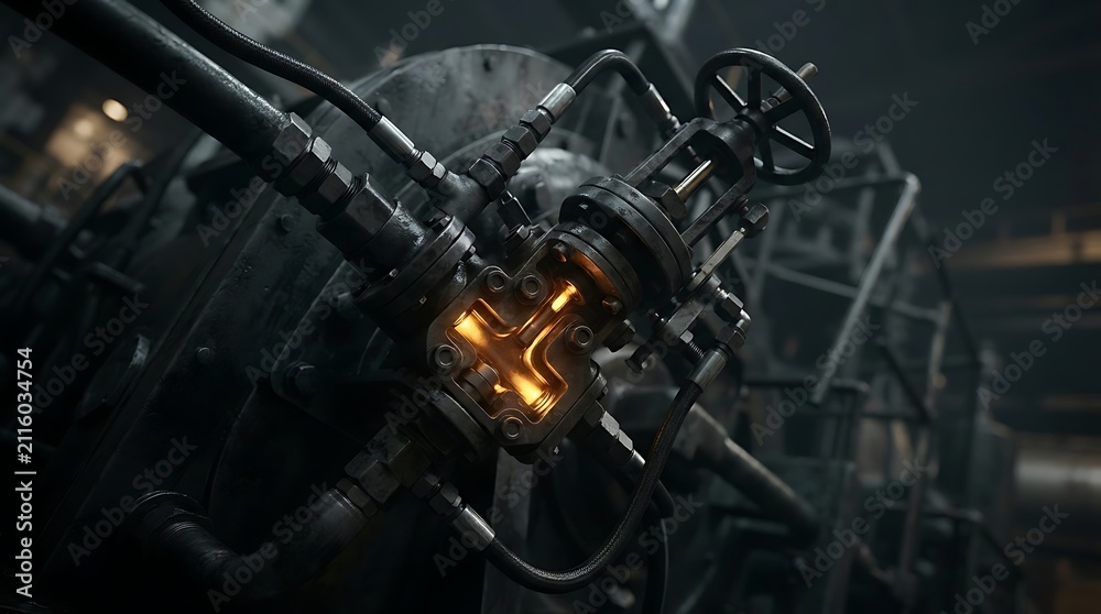 Fototapeta premium Close up on industrial machinery with glowing pipes and valves in a factory setting, steampunk aesthetic, intricate mechanical details, powerful energy flow
