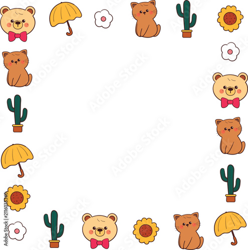cute frame border with hand drawn cartoon bear and cat with plant and sky element