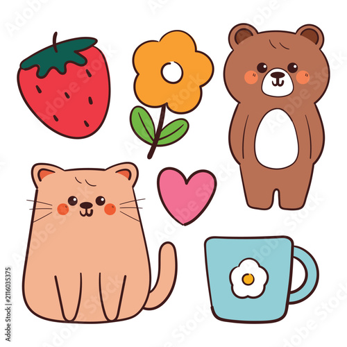 cute sticker set with hand drawn cartoon bear and cat with plant and dessert