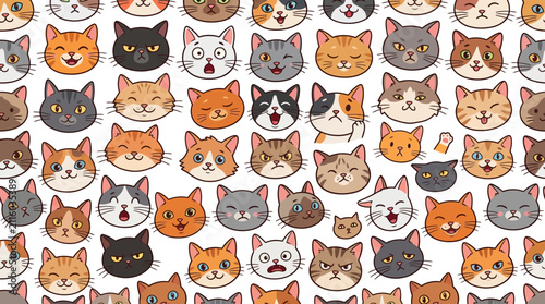 A seamless pattern featuring a multitude of cute cartoon cat faces with diverse expressions and fur colors, creating a playful and charming background.
