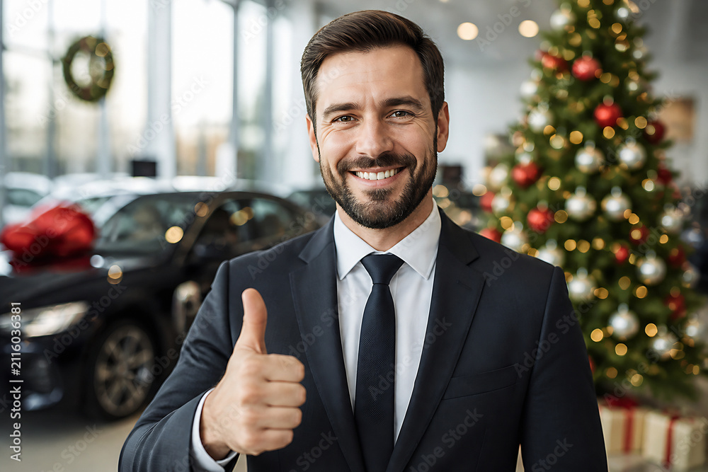 Fototapeta premium A smiling man in a suit gives a thumbs-up indoors near a decorated Christmas tree and parked cars.