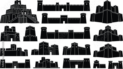 Bild auf Leinwand Collection of isolated black silhouettes featuring ancient castles, medieval fortresses, defensive city walls, and historical ziggurats