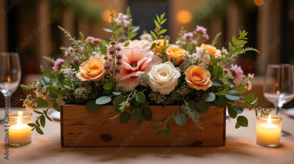 Obraz premium Centro de mesa rústico para bodas en una caja de madera llena de flores de temporada