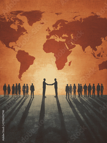 Business people shaking hands globally under world map