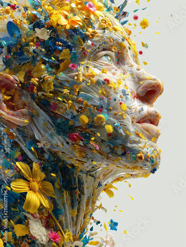 Human face transforming with colorful spring flowers