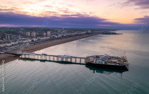 Dawn drone shot of Brighton Pier.