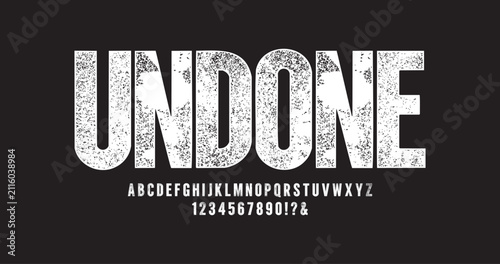 Undone, distressed alphabet uppercase font set design. Heavyweight bold style with rough textures.