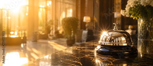 Macro close up of vintage silver service bell on marble reception desk at sunny luxury hotel lobby, premium hospitality and concierge service concept with copy space, generative AI
