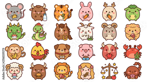 Canvas Print Cute cartoon zodiac animals and symbols