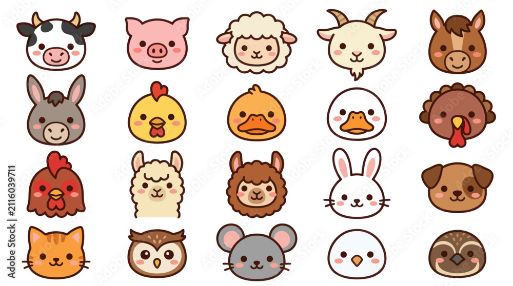 Fototapeta premium Cute farm animal faces collection