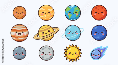 фотографія Cute planet characters and sun cosmic icons